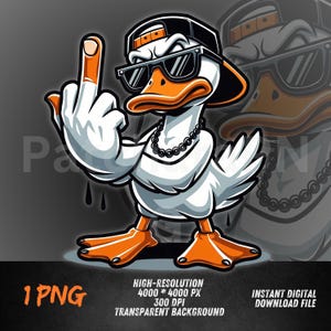 Pato rebelde PNG / Clipart de pato grosero con gafas de sol y cadena / Diseño de sublimación de pájaro con actitud divertida / Archivo digital urbano vanguardista