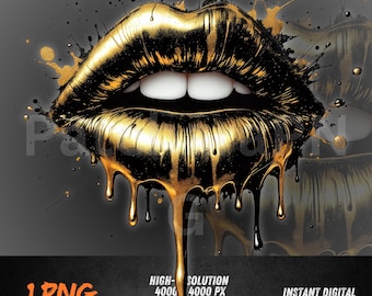 Gold Lips PNG Dripping Graffiti | Luxury Urban Sublimation Design | Hip Hop Streetwear DTF Printable Art