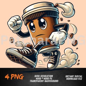 Puede incluir: Ilustración de dibujos animados de una taza de café corriendo, con zapatillas y guantes. La taza es marrón con tapa blanca. Granos de café y vapor la siguen. Incluye el texto "4 PNG".