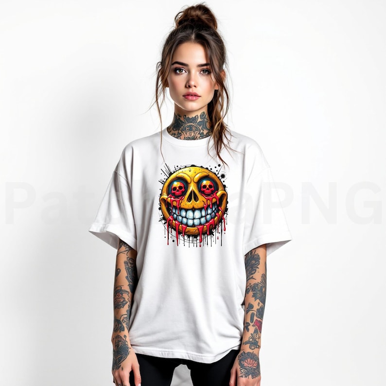 May include: White t-shirt featuring a yellow smiley face with a sinister design. The graphic includes red dripping blood, two skull eyes, and a wide, toothy grin. The shirt is a casual, oversized fit.