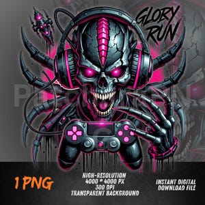 May include: A digital illustration of a skull wearing headphones and holding a game controller. The skull has glowing pink eyes and accents. The image includes the text "GLORY RUN" and "1 PNG".