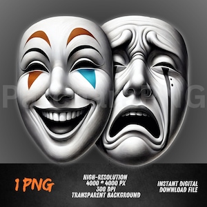 Dual Mask PNG | Comedy and Tragedy Theater Mask Clipart | Black and White Emotional Art | Streetstyle Expression PNG