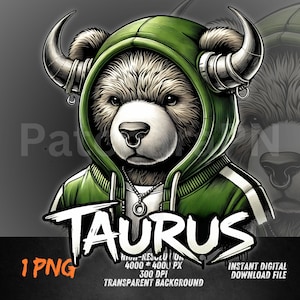Taurus Bear Hoodie PNG | Streetwear Zodiac DTF Design | Hip Hop Bull Animal Clipart | Sublimation Printable | Green Hoodie Graphic Art