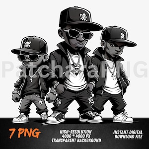 black and white Edgy Cartoon Hip-Hop Gangster Character Gangster Cartoon with Bandana Graffiti Art PNG, Urban Hip-Hop Cartoon Design