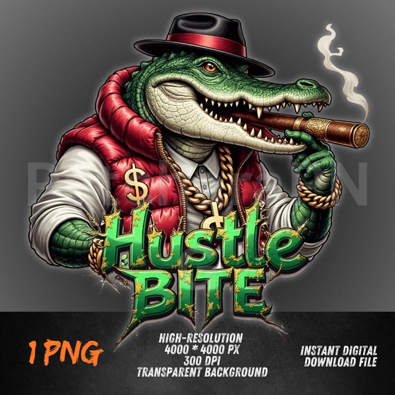 Hustle Bite Gator PNG | Gangsta Alligator Clipart With Cigar and Chains |  Urban Street Boss Animal | Sublimation PNG