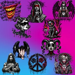 Pu&ograve; includere: Una collezione di illustrazioni a tema gotico con una bocca sorridente, una figura con una corona di spine, una donna con ali d'angelo, un gatto nero con la scritta "SATAN'S PET" e altri disegni dark. Lo sfondo ha una sfumatura viola e blu.