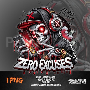 Puede incluir: Ilustración digital de una calavera con una sudadera con capucha negra, auriculares y una gorra de béisbol con una 'X' roja. La calavera sostiene un teléfono inteligente y tiene ojos rojos brillantes. La frase "ZERO EXCUSES" se muestra en negrita, con letras goteando.