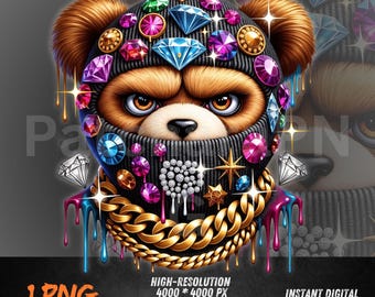 Bling Hip Hop Bear PNG | Diamond Drip Urban Clipart for Shirt, Sublimation, DTF, Streetwear Fashion Art