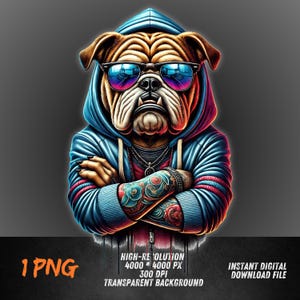 Bulldog tatuado PNG / Clipart de perro gánster con sudadera y gafas de sol / Arte urbano de mascotas callejeras / Bulldog genial sublimado PNG