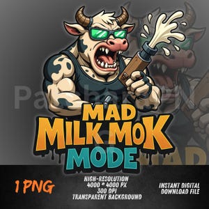 Mad Milk Mok-modus, png-bestand | Clipart Crazy Cow-bodybuilder | Grappig sportdierontwerp | Moo Strength, png