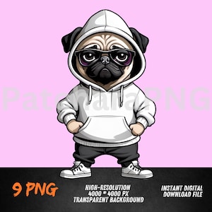 Imagen PNG de un Pug Genial / Imagen prediseñada de un Pug con Sudadera con Capucha y Manos en el Bolsillo / Diseño de Sublimación de Perro Divertido / Archivo de Estilo Urbano para Mascotas