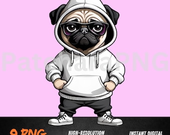 Cool Pug PNG | Pug Clipart in Hoodie with Hands in Pocket | Funny Dog Sublimation Design | Urban Pet Swag File