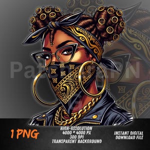 Gangsta Girl PNG | Black Woman Hip-Hop Clipart with Gold Bandana & Chains | Urban Graffiti Sublimation Design