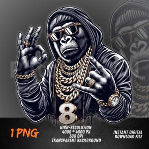 Gorilla Gangsta PNG | Bling Ape Clipart in Hoodie with Chains | Urban Alpha Style Sublimation | Street Power Design PNG
