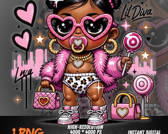 Lil Diva Baby PNG | Glam Girl Clipart for Sublimation | Sassy Black Girl Art | Cute Toddler Fashion Design | Transparent Background