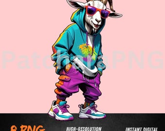 Graffiti Goat PNG | Hip Hop Goat Clipart in Colorful Hoodie | Urban Street Animal Sublimation Design