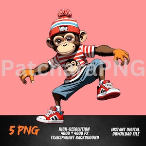 ヒップホップ モンキー B-Boy PNG | クールな漫画霊長類グラフィック | アーバン ストリートウェア デザイン | T シャツや装飾品のデジタル ダウンロード