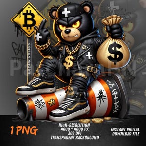 May include: A digital illustration of a black bear character wearing a leather jacket, gold chain, and sneakers, holding a money bag. The bear is sitting on a cylindrical object with graffiti. A Bitcoin sign and gold coins are also present.