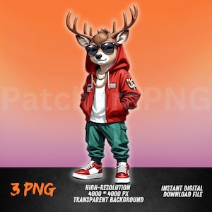 Può includere: Un cervo dei cartoni animati con occhiali da sole, una felpa con cappuccio rossa e pantaloni cargo verdi. Il cervo indossa una collana con catena dorata e sta in piedi su uno sfondo bianco.