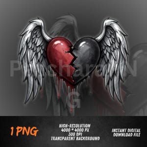 May include: Digital illustration of a broken heart with angel wings. The heart is split in half, with one side red and the other black. Red drips emanate from the heart. The wings are white and gray. The image includes the text "1 PNG" and "Instant Digital Download File".