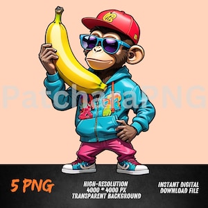 Cool Skater Monkey Graffiti Art - Hip-Hop Monkey with Banana -speaker - Urban Streetwear Digital Download - Vibrant Cartoon Character PNG