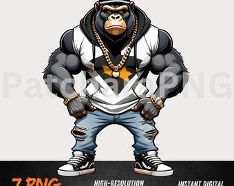 Buff Gorilla PNG | Muscular Gorilla Clipart in Hoodie and Gold Chain | Street Beast Sublimation Design | Strong Ape Art