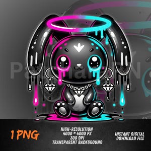 May include: A black cartoon bunny with a neon pink and blue halo and dripping accents. The bunny has large eyes, diamond earrings, and a diamond necklace. The image includes the text "1 PNG" and details about the file resolution and download type.