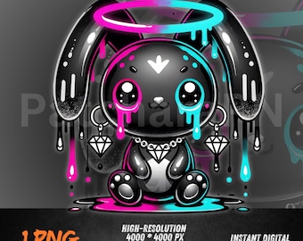 Gothic cute design ,Creepy Cute Bunny PNG | Sad Emo Black Rabbit Clipart for Sublimation, DTF, Alt Fashion, Kawaii Goth Digital Download Art