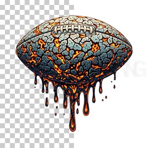 K&ouml;nnte beinhalten: Ein illustrierter Football mit einer rissigen, steinartigen Textur in Grau- und Blaut&ouml;nen, mit feurigen orangefarbenen und gelben Akzenten. Der Boden des Balls scheint zu schmelzen, mit tropfenden, lavaartigen Elementen.