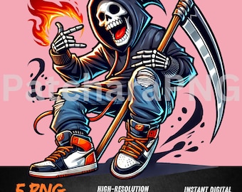 Grim Reaper PNG | Streetwear Reaper Clipart with Fire and Scythe | Edgy Skeleton Design | Halloween Sublimation PNG