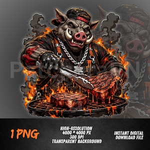 Savage BBQ-boar PNG, Grill Beast Streetwear-grafik, Fire Pit Meat Boss-design, Hype Cookout DTF-skjorttryck