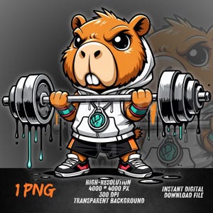 May include: A cartoon beaver lifting a barbell, wearing a white hoodie, black shorts, and trainers. The barbell has weights on each end. The image includes text: "1 PNG" and "High-Resolution 4000 * 4000 PX 300 DPI Transparent Background Instant Digital Download File."