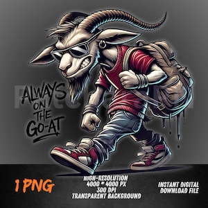 May include: A cartoon illustration of a goat wearing sunglasses, a red shirt, blue jeans, and red trainers, carrying a backpack. The goat is walking with a determined expression. Text on the image reads "ALWAYS ON THE GO-AT".