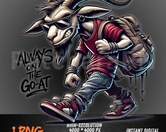Always on the Go-at PNG | Street Goat Backpack Clipart | Hustle Animal Quote Design | Funny Urban Goat PNG