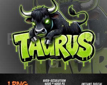 zodiac png design, Taurus Graffiti Zodiac PNG – Dark Bull Clipart | Street Style Sublimation Design for Shirt, Sticker, DTF Print