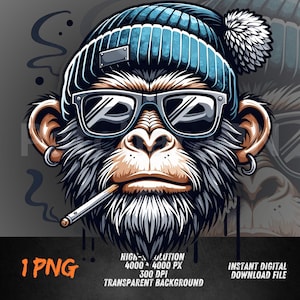 May include: Illustration of a cool monkey wearing a blue beanie with a white pom-pom, silver-framed sunglasses, and a cigarette in its mouth. The monkey has silver hoop earrings and a detailed fur texture. The image includes text: 1 PNG, HIGH-RESOLUTION, and INSTANT DIGITAL DOWNLOAD FILE.