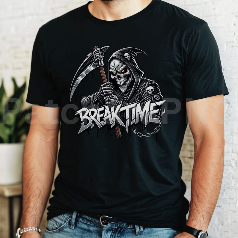 May include: Black t-shirt with a grim reaper graphic holding a scythe, and the text "BREAK TIME". The reaper has a skull face with red eyes and a hooded cloak. A chain design is also present on the shirt.
