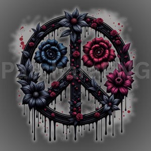 Pu&ograve; includere: Un design a forma di simbolo della pace con un contorno nero e un effetto di vernice gocciolante. Il simbolo &egrave; decorato con fiori blu scuro, rossi e viola e piccole rose rosse. Lo sfondo &egrave; una sfumatura di grigio.