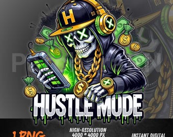 Hustle Mode Skull PNG – Green Neon Money Clipart for DTF, Sublimation, Urban Streetwear Design