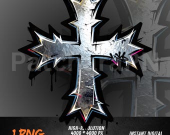 Graffiti Cross PNG - Chrome Urban Cross Design für Streetwear, DTF, Sublimation, printable Art