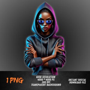 Cool Woman Character in Hoodie and Sunglasses | Urban Streetwear Art Printable PNG | Graffiti-Style Fashion Design