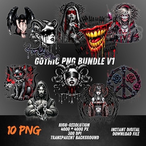 May include: A digital download graphic bundle featuring gothic-themed illustrations. The images include a black cat, a winged figure, a smiling face, and other dark art designs. The text "Gothic PNG Bundle V1" is displayed.