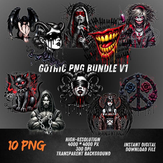 Gothic PNG Bundle v1 – Dark Tattoo Style Clipart for DTF Transfer, Sublimation, Emo Grunge Streetwear Design
