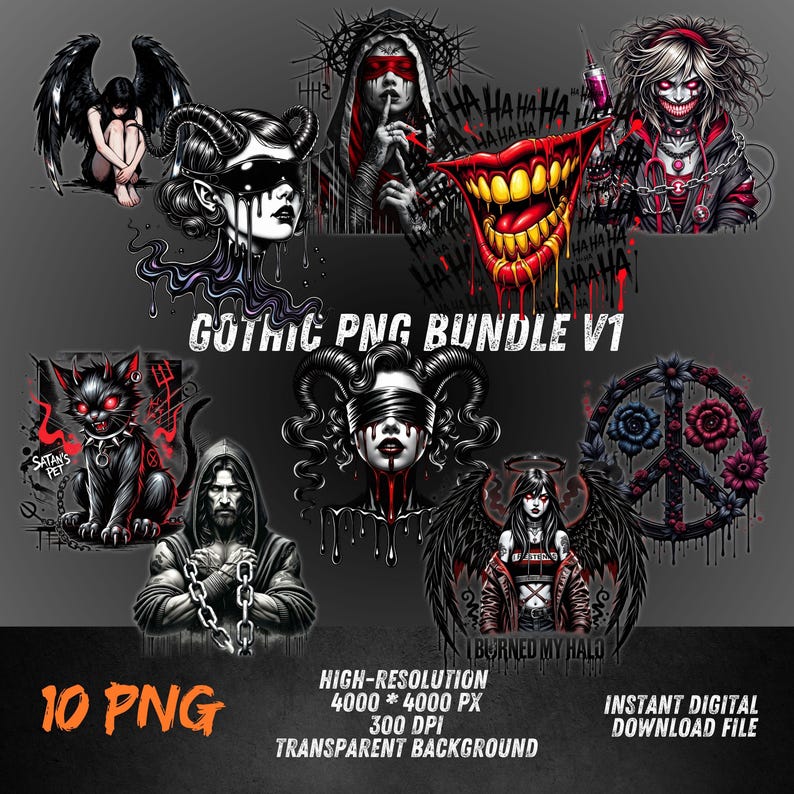 Pu&ograve; includere: Un pacchetto grafico digitale scaricabile con illustrazioni gotiche. Le immagini includono un gatto nero, una figura alata, una faccia sorridente e altri disegni dark art. Il testo "Gothic PNG Bundle V1" &egrave; visualizzato.