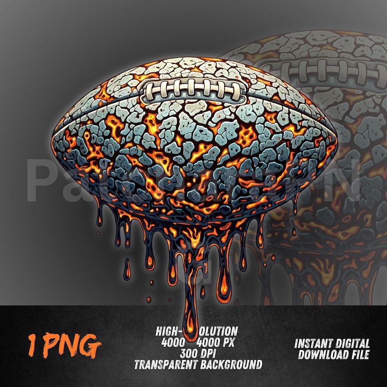 K&ouml;nnte beinhalten: Digitale Illustration eines Footballs mit einer rissigen, lavaartigen Textur. Der Football ist haupts&auml;chlich grau und orange, mit geschmolzenen Tropfen, die nach unten flie&szlig;en. Der Text enth&auml;lt: "1 PNG", "HIGH-OLUTION" und "INSTANT DIGITAL DOWNLOAD FILE".
