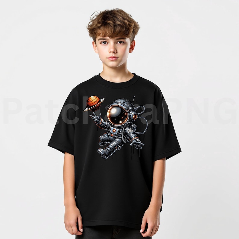 May include: Black t-shirt featuring a cartoon astronaut in a spacesuit, holding a planet. The astronaut is detailed with metallic silver and orange accents. The planet is orange and brown. The t-shirt is worn by a person.