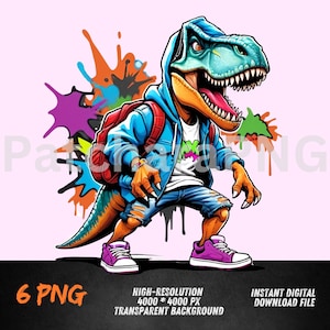 Graffiti Dino PNG | Colorful Dinosaur Clipart in Hoodie | Neon Spray Urban Dino Art | Sublimation Style PNG | Hip Dino Design