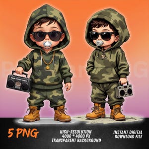 ヒップホップ風ベビーボーイ PNG – 迷彩柄パーカーブームボックスアーバンスタイルクリップアート、幼児向けストリートウェアファッション昇華プリント、Tシャツやギフトに最適なクールなベビーデザイン