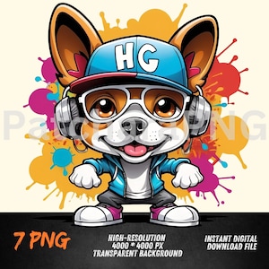 Cool French Bulldog PNG | Clipart Bulldog w czapce i słuchawkach | Projekt sublimacji Urban Pet