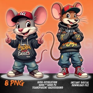 Cool Mouse Duo PNG | Miejskie myszy Clipart w Bluzach z kapturem i trampkach | Cartoon Streetwear Animal Sublimacja